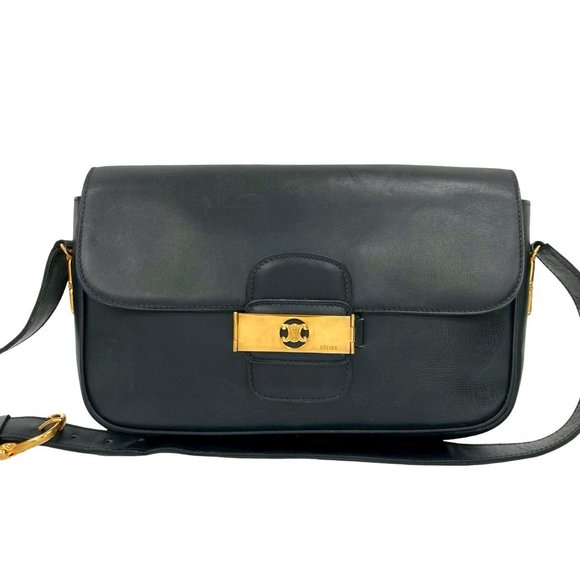 CELINE Vintage Triomphe Logo Hardware Leather Mini Shoulder Bag Pochette Navy... - Picture 1 of 10